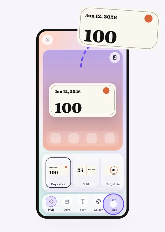 Choosing a countdown style in the editor; the widget lifts out of the preview onto the home screen.
