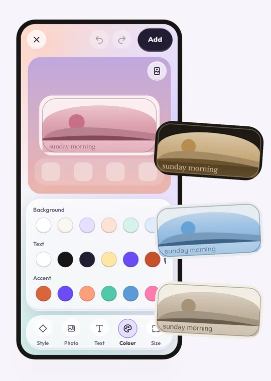 The colour tool in the editor with background, text and accent swatches, and the same photo widget in four looks.