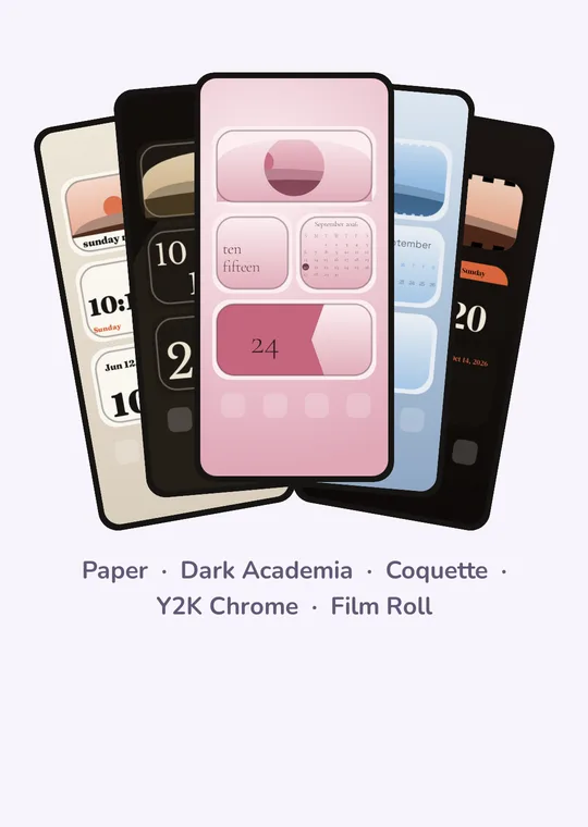 Five home screens fanned out, one per pack: Paper, Dark Academia, Coquette, Y2K Chrome and Film Roll.