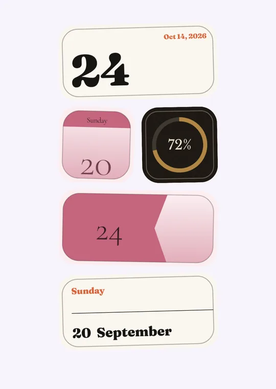 Countdown widgets: a date card, a 24-day ribbon, a ring at 72 percent and a card for Sunday the 20th.