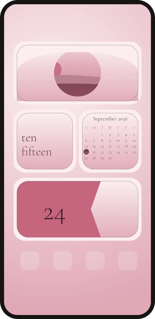 A soft pink home screen with a photo widget, a clock reading ten fifteen, a September calendar and a countdown at 24 days.