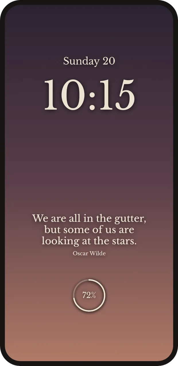 A lock screen with a large clock reading 10:15, a quote and a small battery ring.